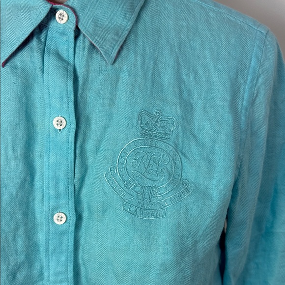 Ralph Lauren Petite Linen Teal Light Blue Button-Up Shirt - Picture 2 of 7